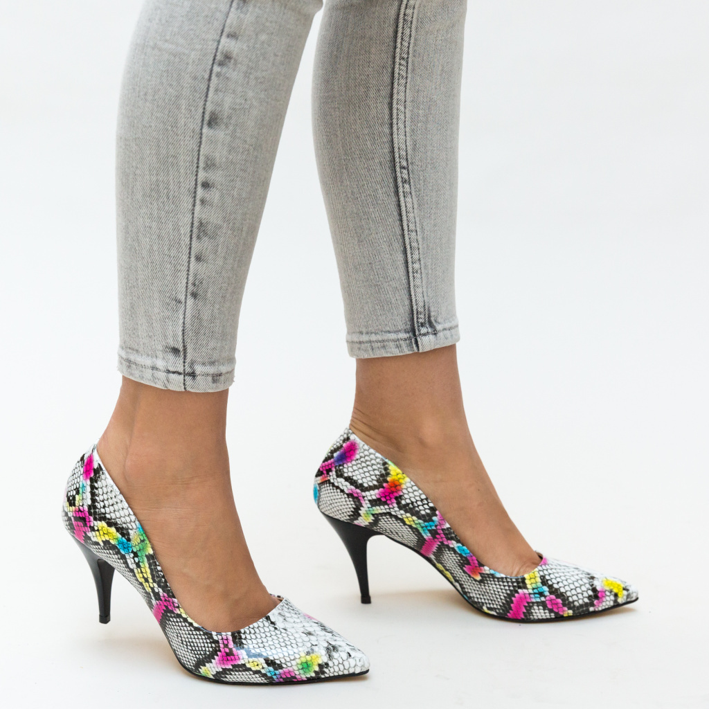 Pantofi de ocazie multicolori eleganti cu toc mediu de 8cm din piele eco Crunch