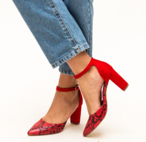 Pantofi de dama cu toc gros Cupra Rosii ieftini cu animal print