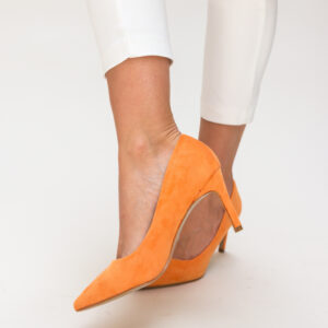 Pantofi stiletto ieftini Deaco portocalii cu varful ascutit si talpa subtire cu toc mediu