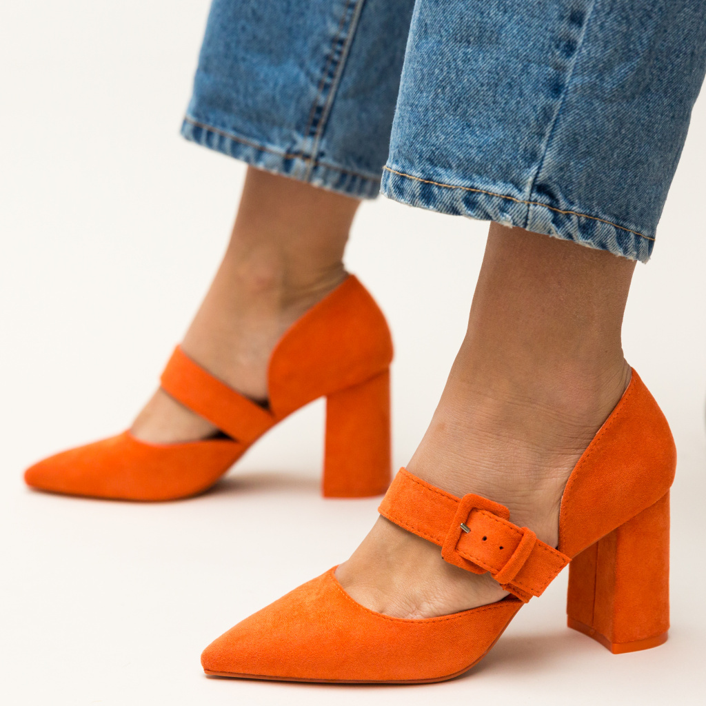 Pantofi de ocazie portocalii cu catarama realizati din piele eco intoarsa Dionne