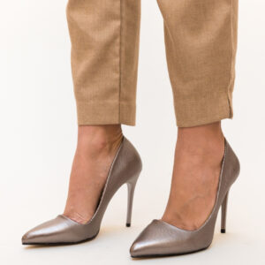 Pantofi de dama gri lucios stiletto pentru tinute elegante Eoin cu toc de 10cm