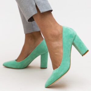 Pantofi inalti de dama Genta Verzi ieftini din piele eco intoarsa cu toc gros de 8.5cm