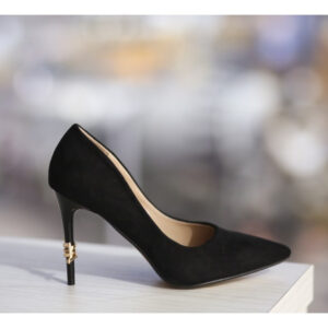 Pantofi Ghimp moderni negri ieftini cu toc subtire inalt decorat cu motiv auriu