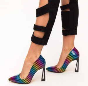Pantofi lacuiti de seara Gingi multicolori liniar eleganti din piele eco cu toc de 10.5cm