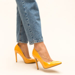 Pantofi trendy de dama Glen Galbeni ieftini model lacuit cu toc de 11cm