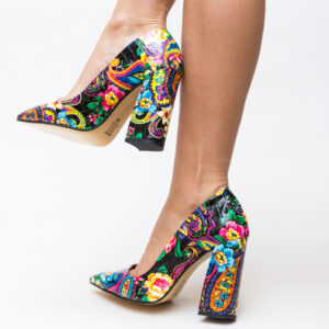 Pantofi ieftini eleganti de dama model cu toc cu imprimeu viu colorat – Pantofi.Elyana.ro
