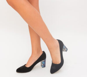 Pantofi trendy negri de dama Hotera model ieftin de ocazie cu toc gros cu animal print