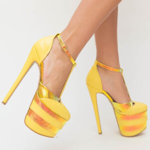 Pantofi eleganti de dama ieftini galbeni cu auriu cu platforma Keni cu toc inalt
