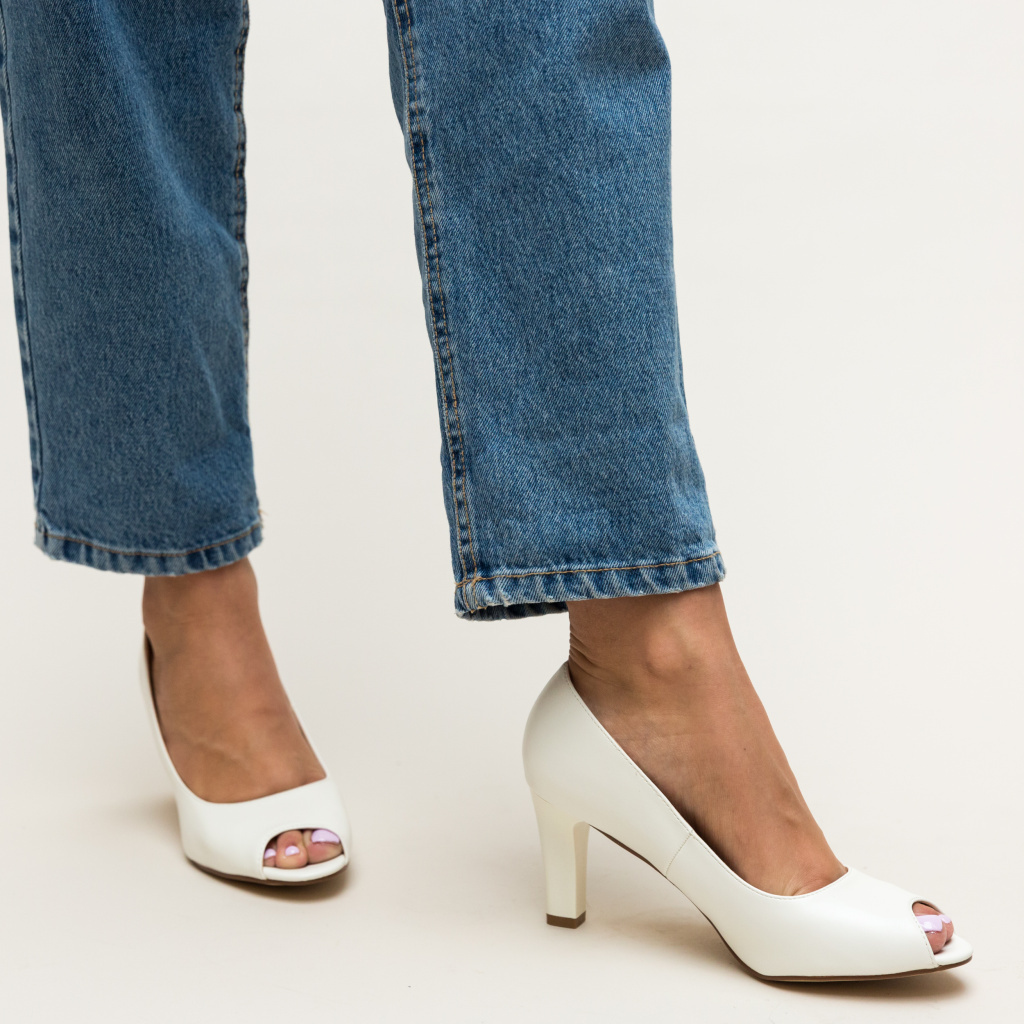 Pantofi dama albi eleganti peep-toe cu toc mediu pentru ocazie Kofi