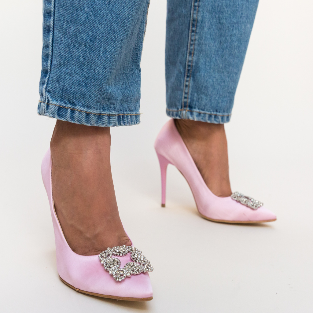 Pantofi de ocazie Roz eleganti stiletto cu aplicatie decorativa Lilie