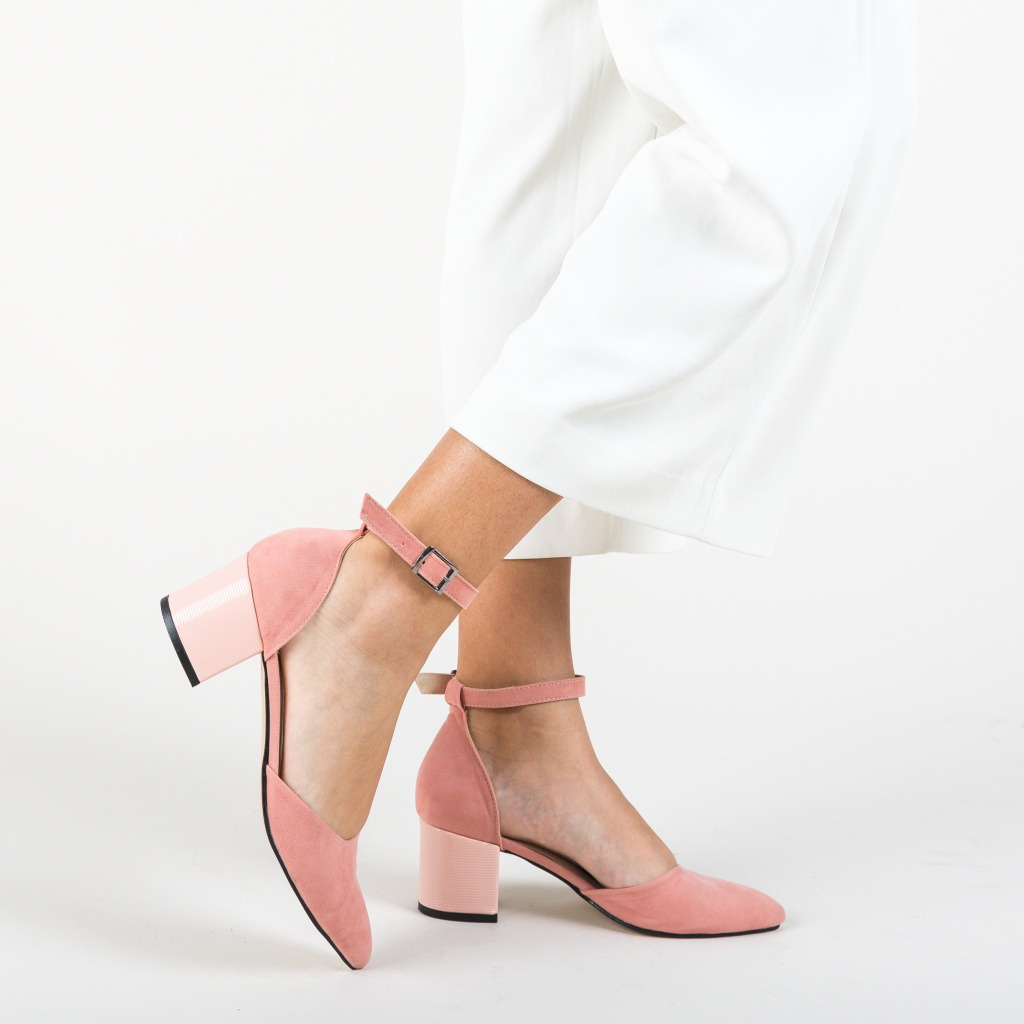 Motley Splendor Ripples Pantofi de ocazie de nunta Roz eleganti cu bareta si toc gros mediu Masono  – Pantofi.Elyana.ro