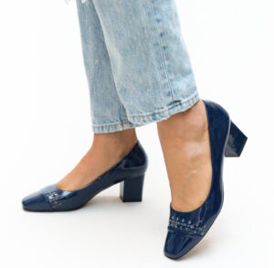 Pantofi trendy de ocazie Meg Bleumarin ieftini din piele eco lacuita cu toc patrat inalt de 5.5cm