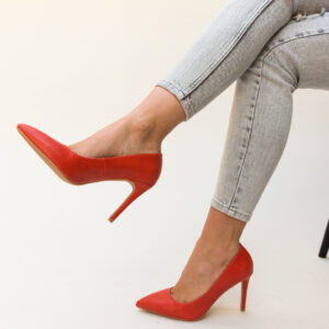 Pantofi eleganti de ocazie Mirial Rosii ieftini din piele eco cu toc subtire inalt de 10cm
