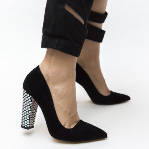 Pantofi eleganti negri de seara model Nasero de dama cu toc gros argintiu de 10.5cm