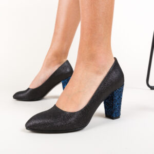 Pantofi de dama Pomo Negri ieftini cu sclipici si toc bleumarin patrat gros inalt de 8cm