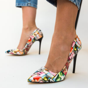 Pantofi fashion eleganti Revista Negri cu imprimeu color pentru tinute trendy