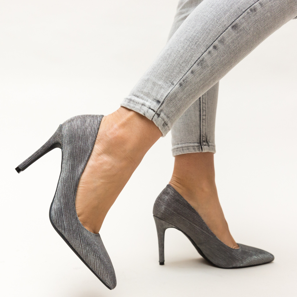 Pantofi dama stiletto gri eleganti de ocazie din material cu aspect catifelat Rotiform