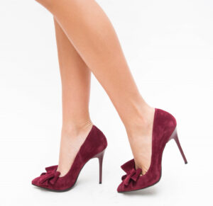 Pantofi de dama ieftini Rova Grena eleganti cu toc stiletto si textura imitatie catifea cu fundita
