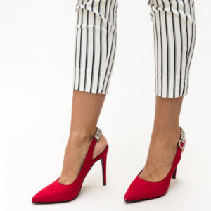Pantofi eleganti de dama Saga Rosii ieftini cu toc de 11cm decorati cu imitatie pietre pretioase