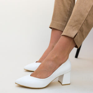 Pantofi albi pur de dama eleganti de seara Sanso cu toc gros stabil de 7cm si varf ascutit