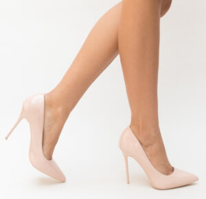 Pantofi eleganti inalti Simca Nude online din piele eco intoarsa cu toc subtire si varf ascutit
