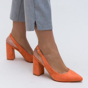 Pantofi de ocazie Snider portocalii eleganti din piele eco intoarsa cu toc gros si decupaj