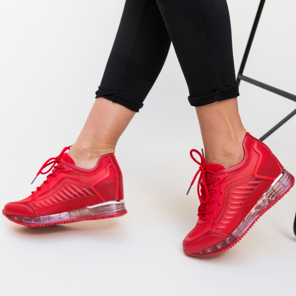 Pantofi rosii sport ieftini din piele eco si textil pentru toamna Amara
