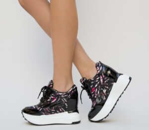 Pantofi Sport Casual de fete Buky negri cu imprimeu si platforma