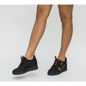Pantofi negri Sport Chery clasici cu talpa dreapta si imprimeu colorat