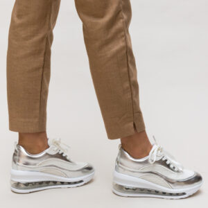 Pantofi de dama casual Sport Clay Argintii moderni cu talpa inalta si sireturi