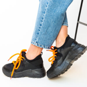 Pantofi casual Sport negri de dama Paleto din textil si piele eco cu platforma de 4.5cm