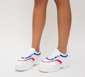 Pantofi inalti de vara Casual Sport Rebis albi cu rosu si albastru cu platforma