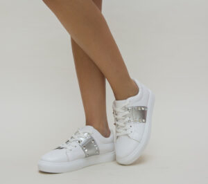 Pantofi de dama Casual Sport Simana albi cu argintiu pentru tinute lejere de vara