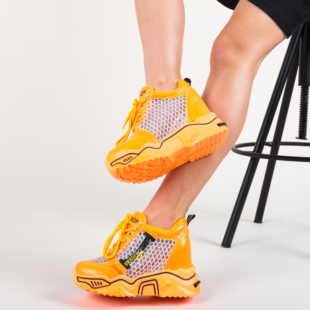 Pantofi dama comozi sport de vara portocalii cu talpa inalta de 5cm Sprank