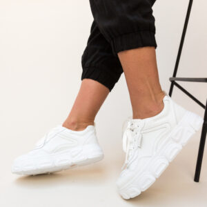Pantofi de dama gama Sport Sprinter albi inalti din piele eco cu talpa groasa de 4cm