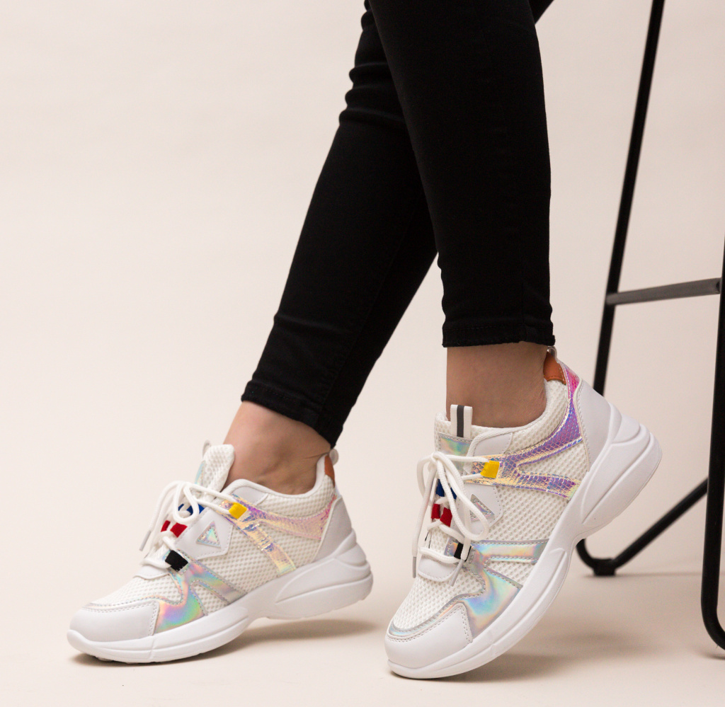 Pantofi Sport albi cu platforma realizati din material textil si piele eco Tamia