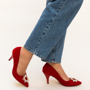 Pantofi de dama Tanya Rosii eleganti din imitatie de catifea si toc inalt de 8cm