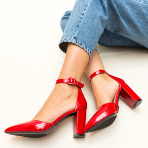 Pantofi lacuiti de dama ieftini decupati din piele eco lucioasa Tillman rosii cu toc patrat