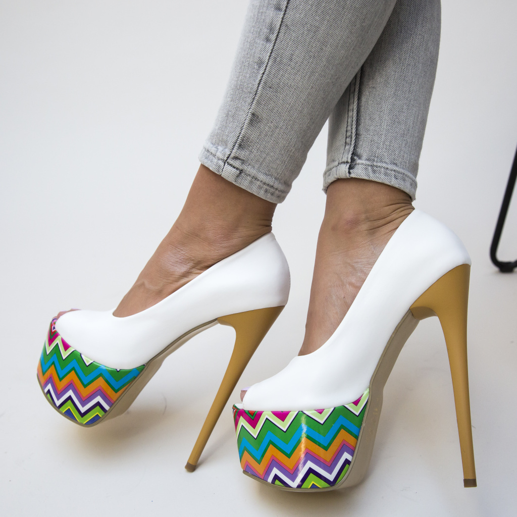 Pantofi peep-toe albi eleganti cu toc stiletto si platforma de 6cm Tristar