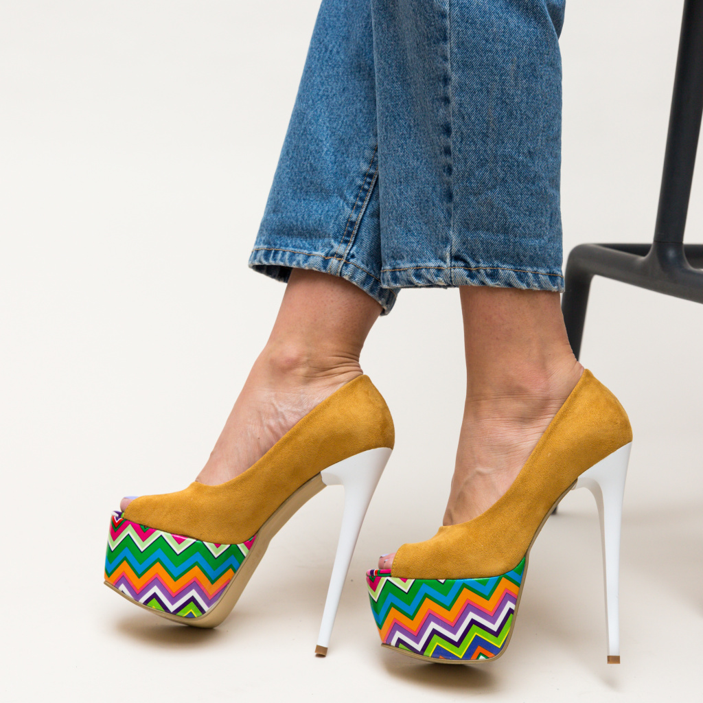 Pantofi peep-toe galbeni eleganti cu toc stiletto si platforma de 6cm Tristar