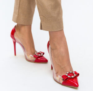 Pantofi frumosi inalti de dama Troli rosii eleganti din piele eco si lateral din silicon