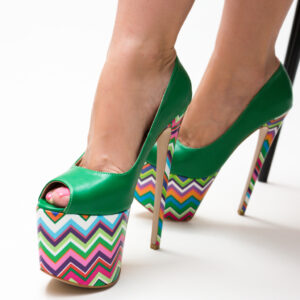 Pantofi de seara eleganti Valeria verzi cu varf decupat si platforma inalta de 9cm