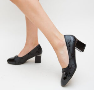 Pantofi comozi din piele eco intoarsa Zano Negri eleganti cu toc gros inalt de 6.5cm