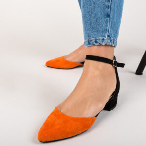 Sandale elegante cu toc mic de 4cm ieftine Kelinon portocalii din piele eco intoarsa