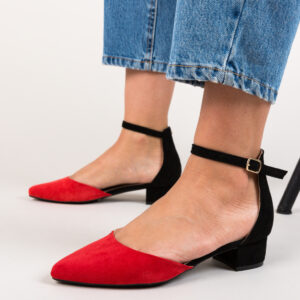 Sandale elegante cu toc mic de 4cm ieftine Kelinon rosii din piele eco intoarsa